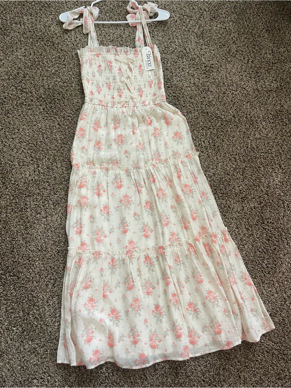 Cream & Pink Floral Tie-Shoulder Dress
